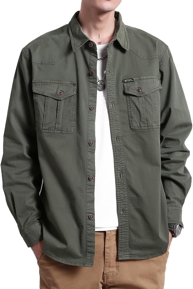 Men's Multi Pockets Work Shirts Relaxed Fit Cotton Button Down Long Sleeves Shirts - Army Green