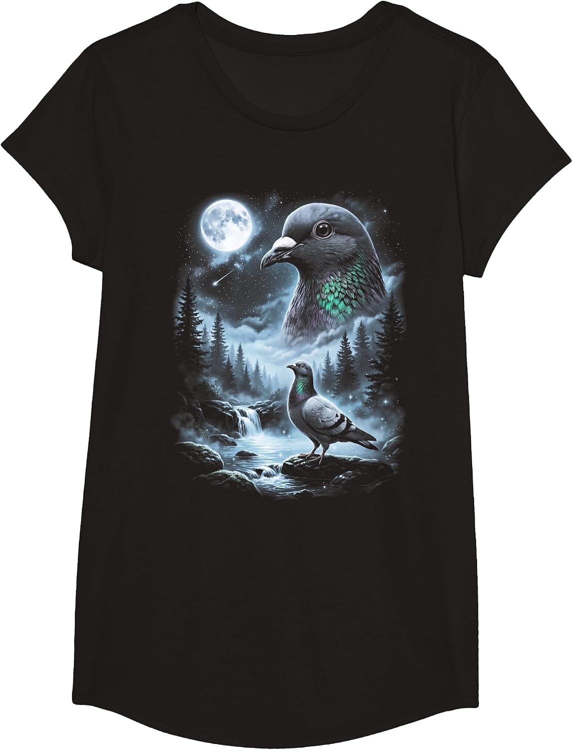 Pigeon Howling at Moon 90's Retro Birdwatcher T-Shirt - Girls Black