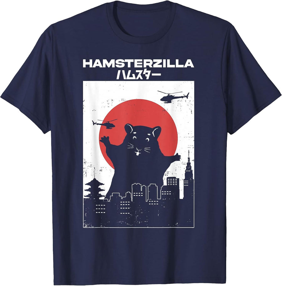 Hamster Zilla Monster Hamster in Tokyo with a Japanese Flag T-Shirt - Navy Blue
