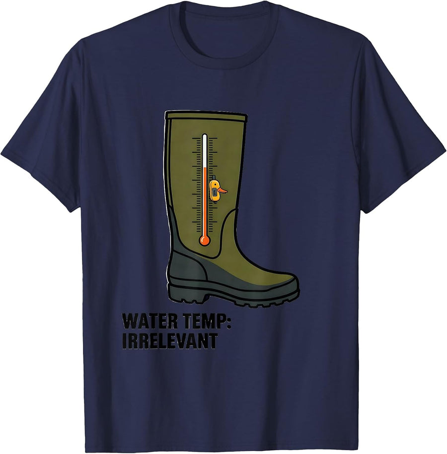 Water Temp: Irrelevant Editorial Conceptual Duck Hunting T-Shirt - Navy Blue