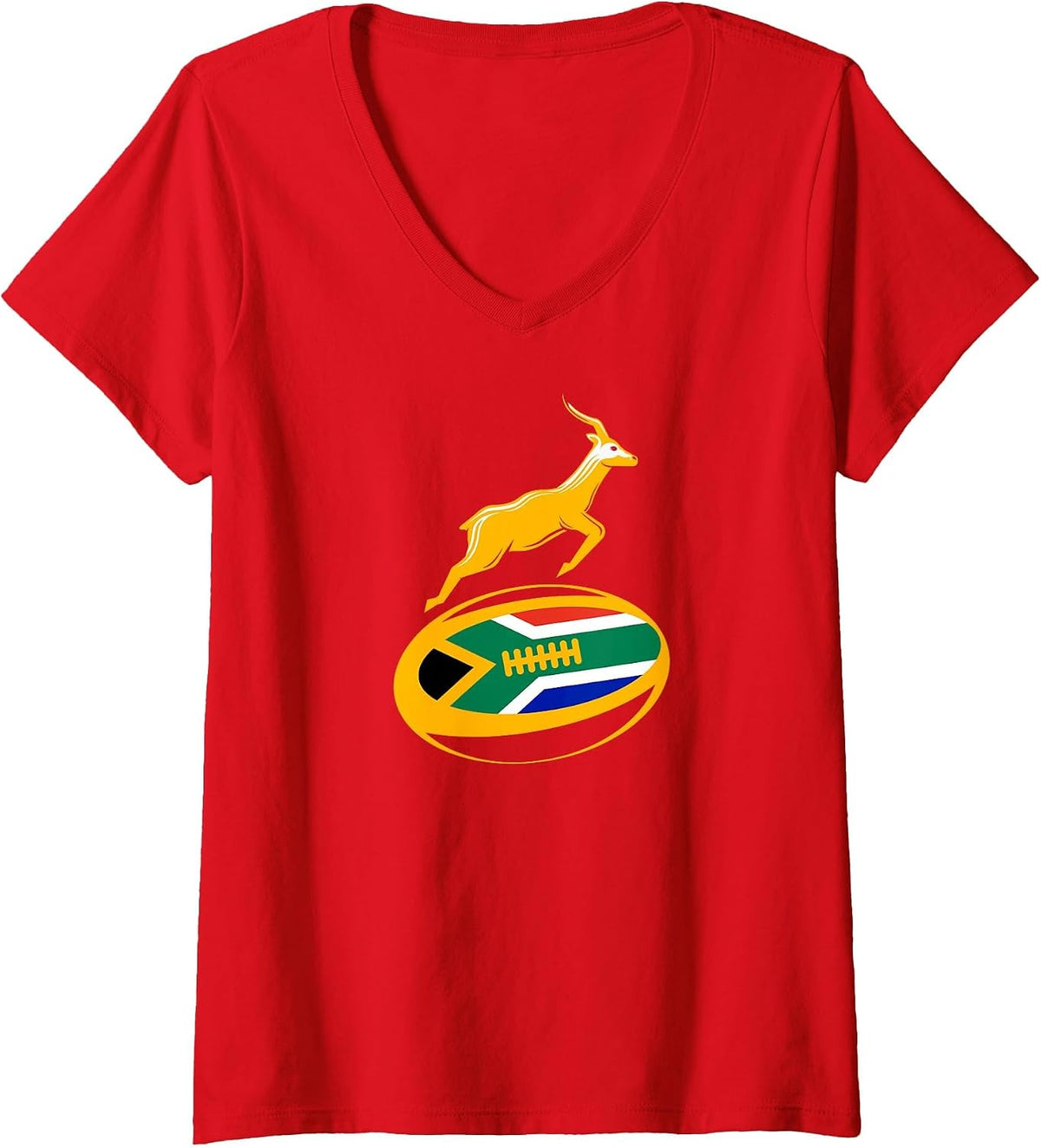 Women's Springbok Rugby Ball & South African Flag. Men, Women & Kids V-Neck T-Shirt - Red