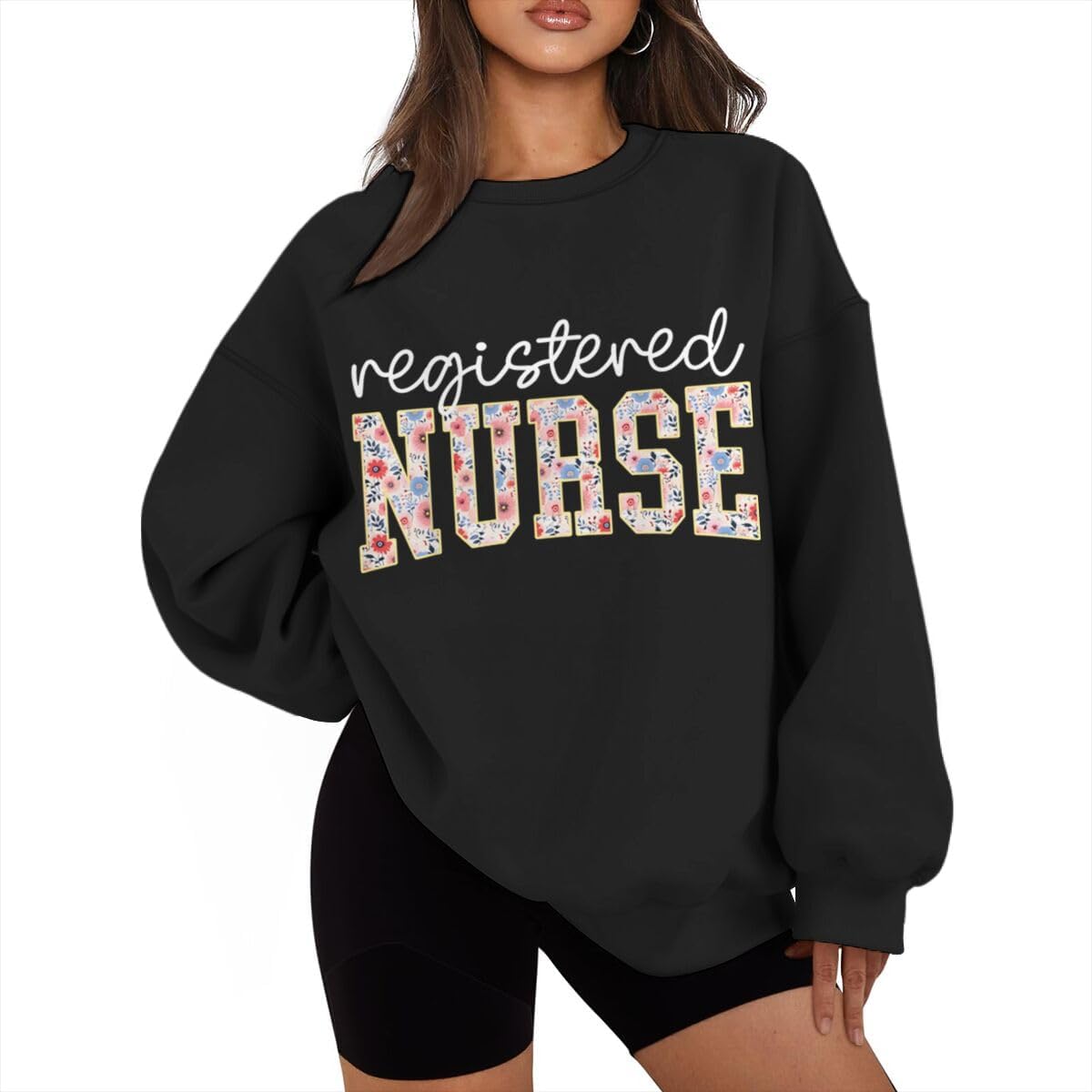 Nurse Sweatshirts for Women Registered Nurse Flower Letter RN Crewneck Sweatshirt Long Sleeve Fleece Pullover Gift for