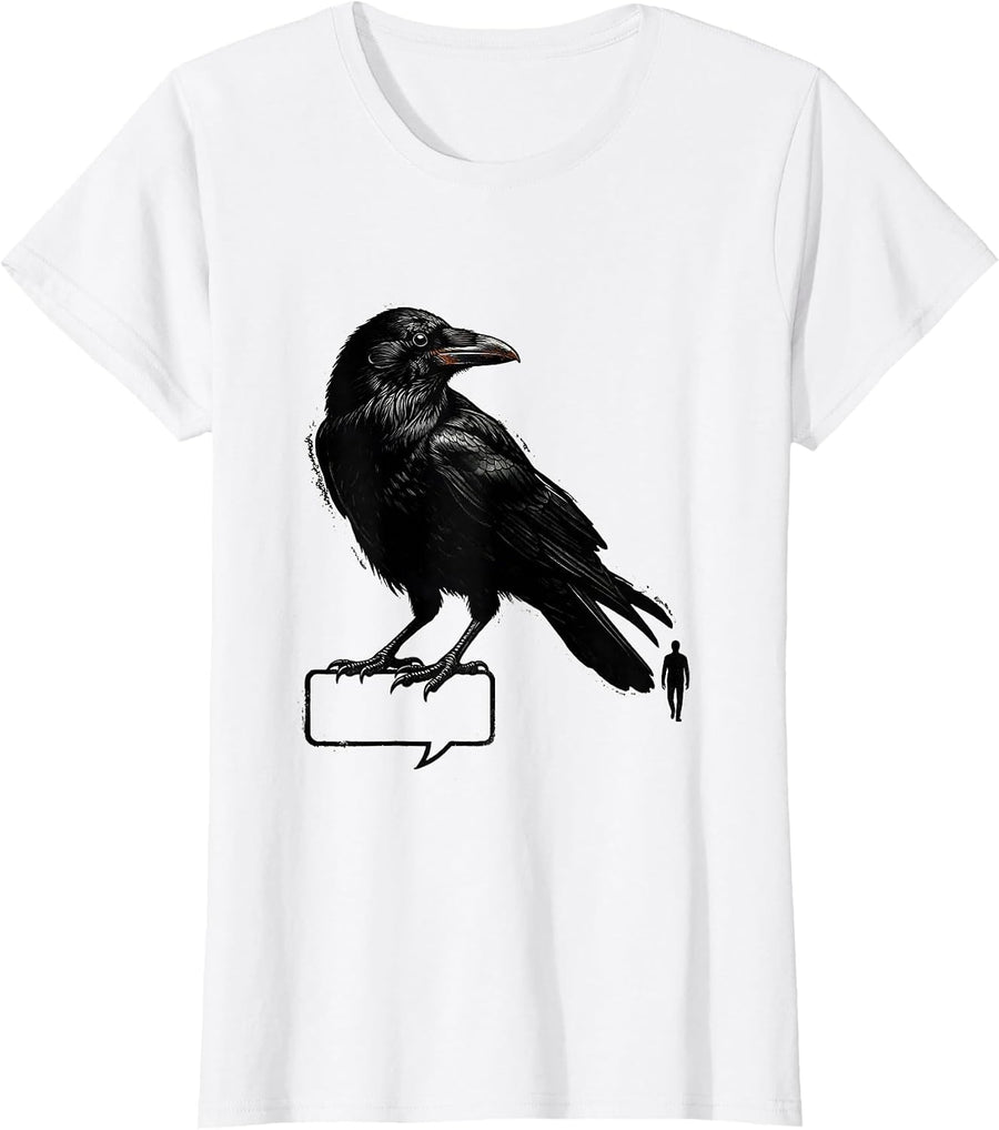Women's Crow Pinning Blank Speech Bubble Gothic Humor T-Shirt - White