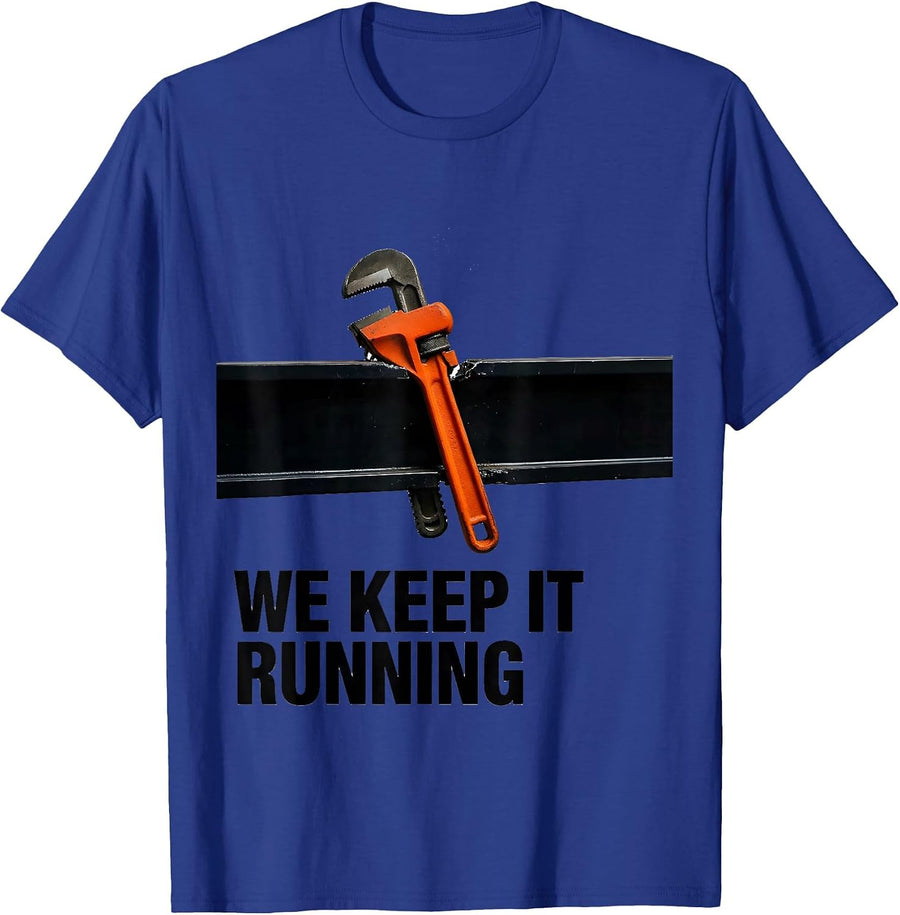 We Keep It Running Brutalist Graphic American Flag Mechanic T-Shirt - Royal Blue