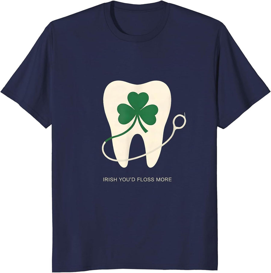 Irish You'd Floss More Minimalist Dental Worker St Patricks T-Shirt - Navy Blue