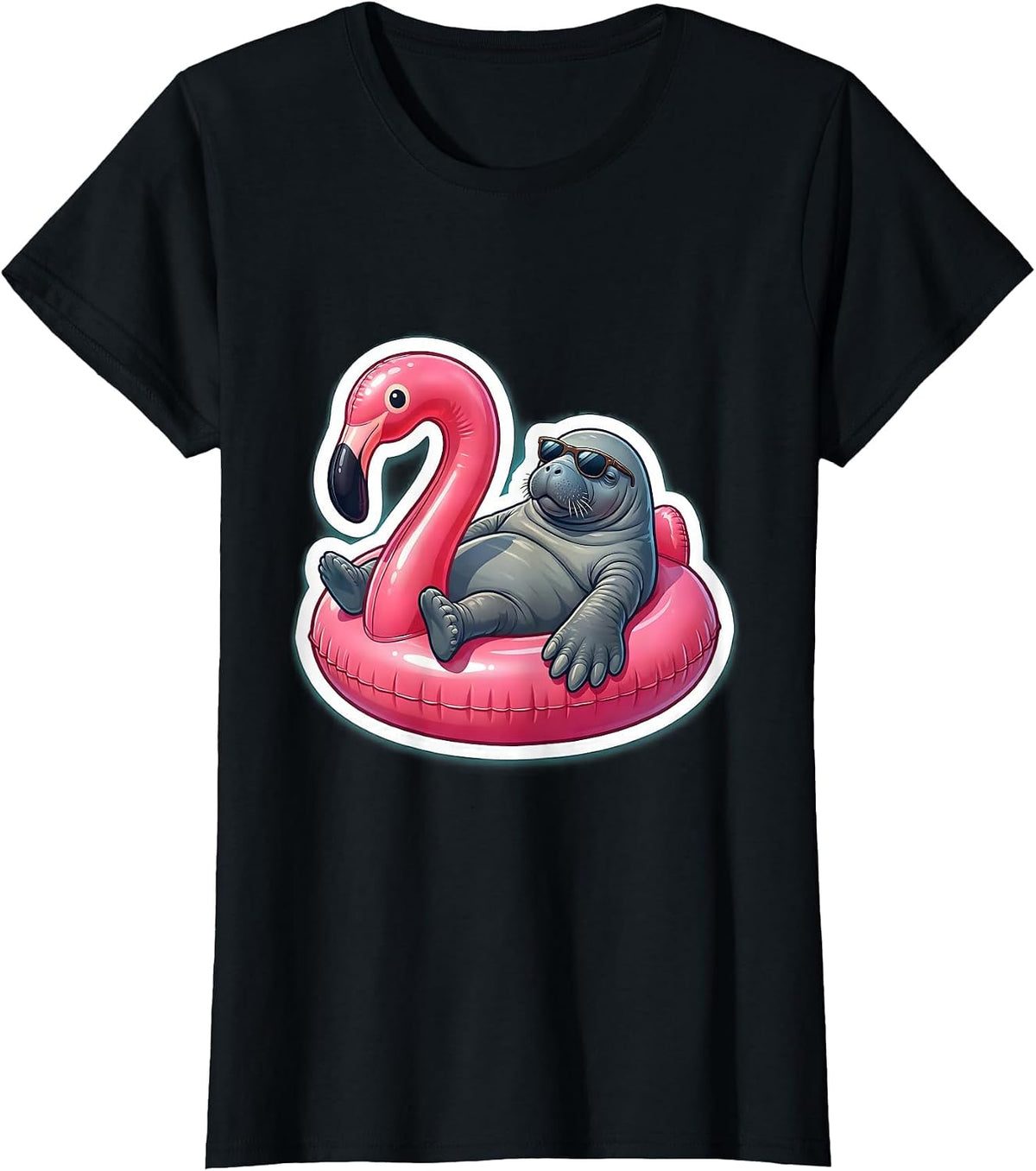 Manatee on Flamingo Float Funny Lounging Design T-Shirt - Black