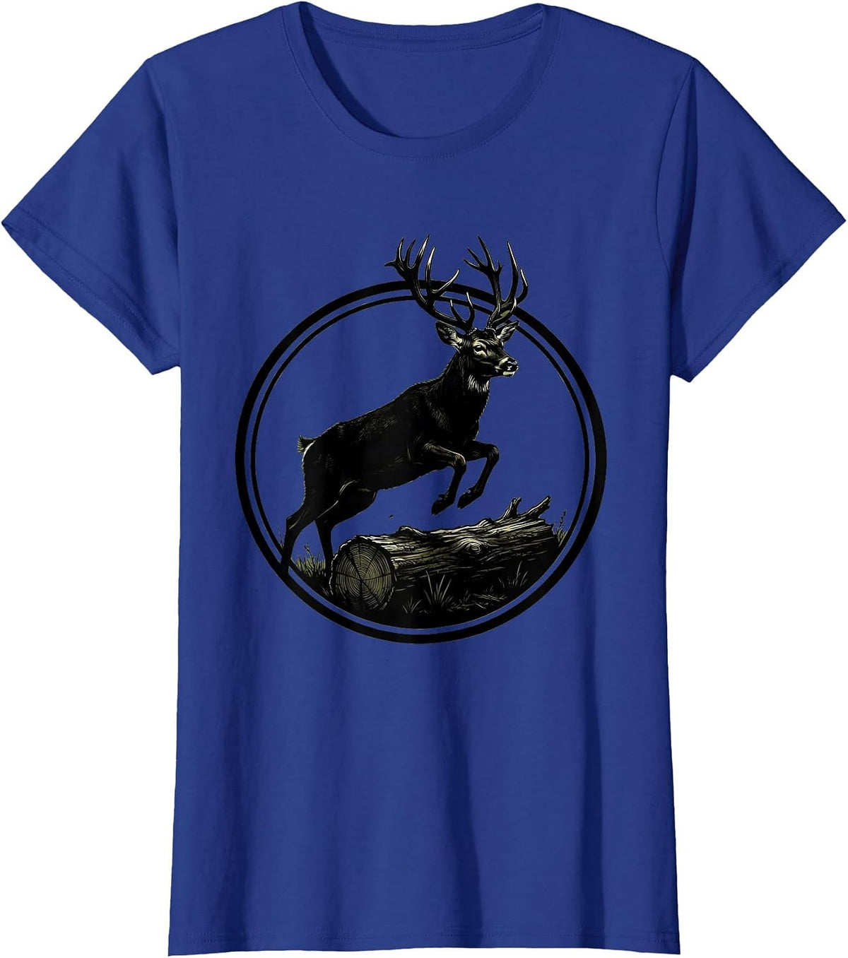 Women's Camo Buck Deer Leaping Over Fallen Log T-Shirt - Royal Blue