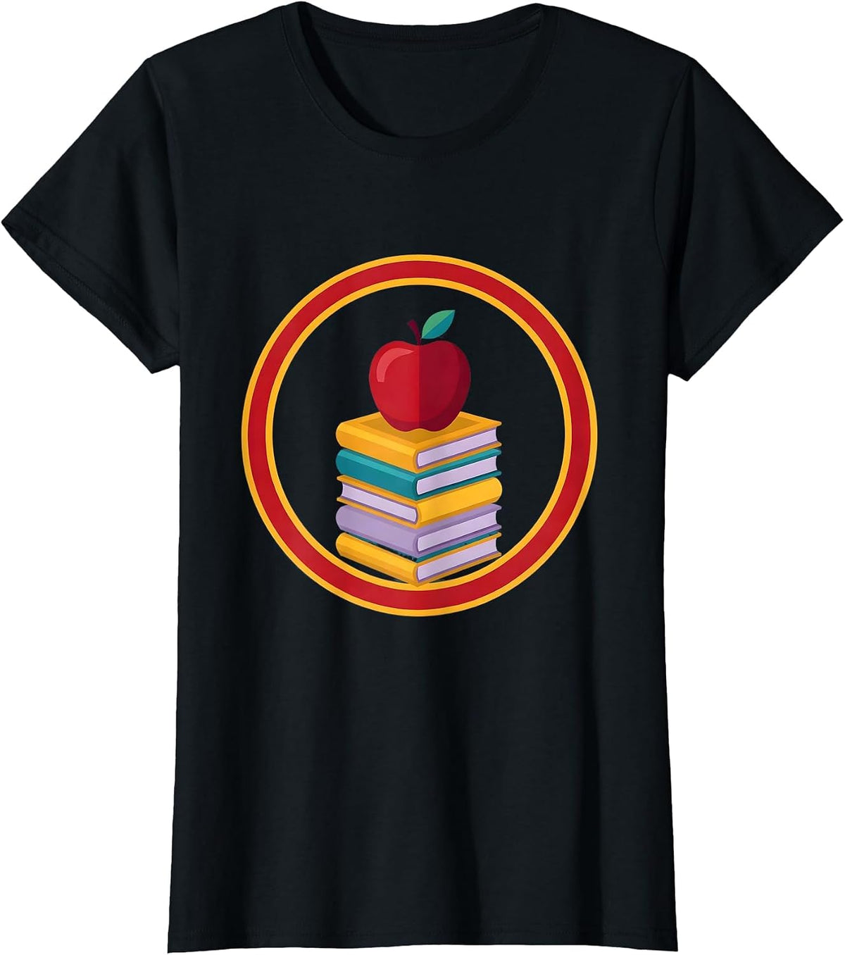 Women's First Grade Teacher Apple and Books Illustration T-Shirt - Black