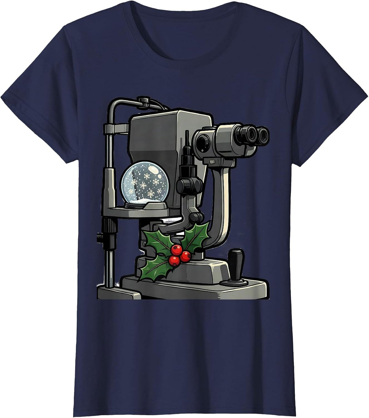 Women's Slit Lamp Snow Globe Cartoon Optometrist Christmas T-Shirt - Navy Blue