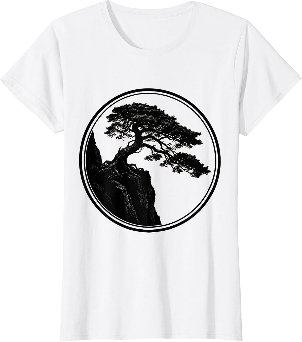 Bonsai Tree Rocky Cliff Japanese Nature Art T-Shirt - White