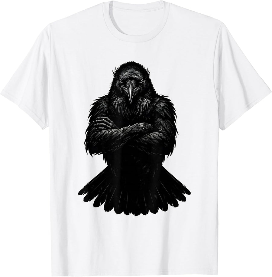 Men's Fawk Off Crow Crossed Wings Scowling Bird Design T-Shirt - White