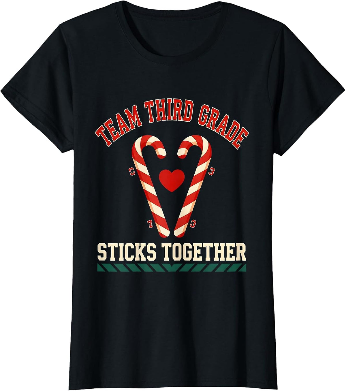 Team Third Grade Sticks Together Christmas Candy Cane T-Shirt - Black