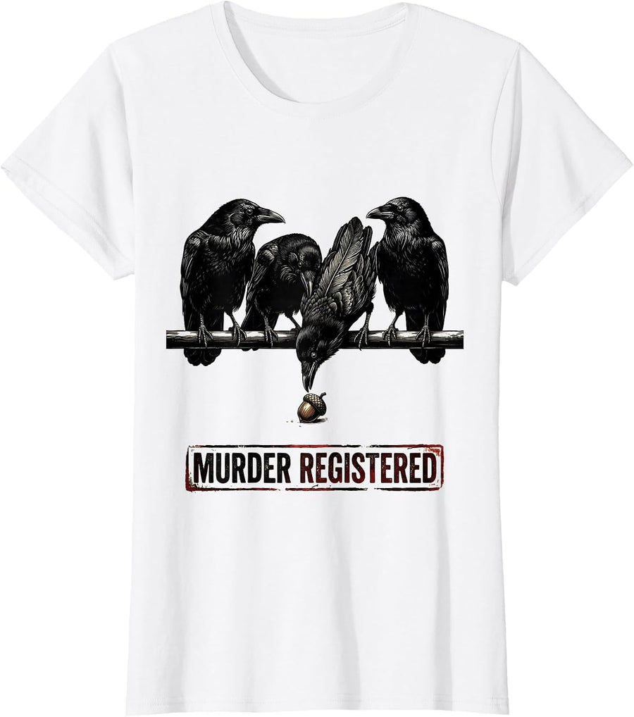 Women's Murder Registered Distressed Crow Silhouettes Gothic Humor T-Shirt - White