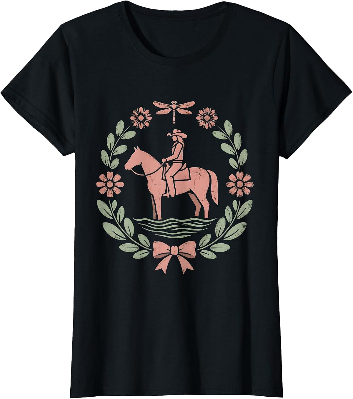 Cowgirl on Horseback River Crossing Illustration T-Shirt - Black