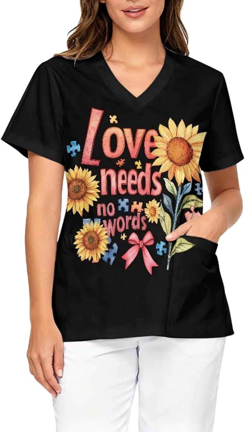Printed Scrub Top for Women, V Neck Stretch Plus Size Work Uniform - Black - Autism & Piece Sunflower Print