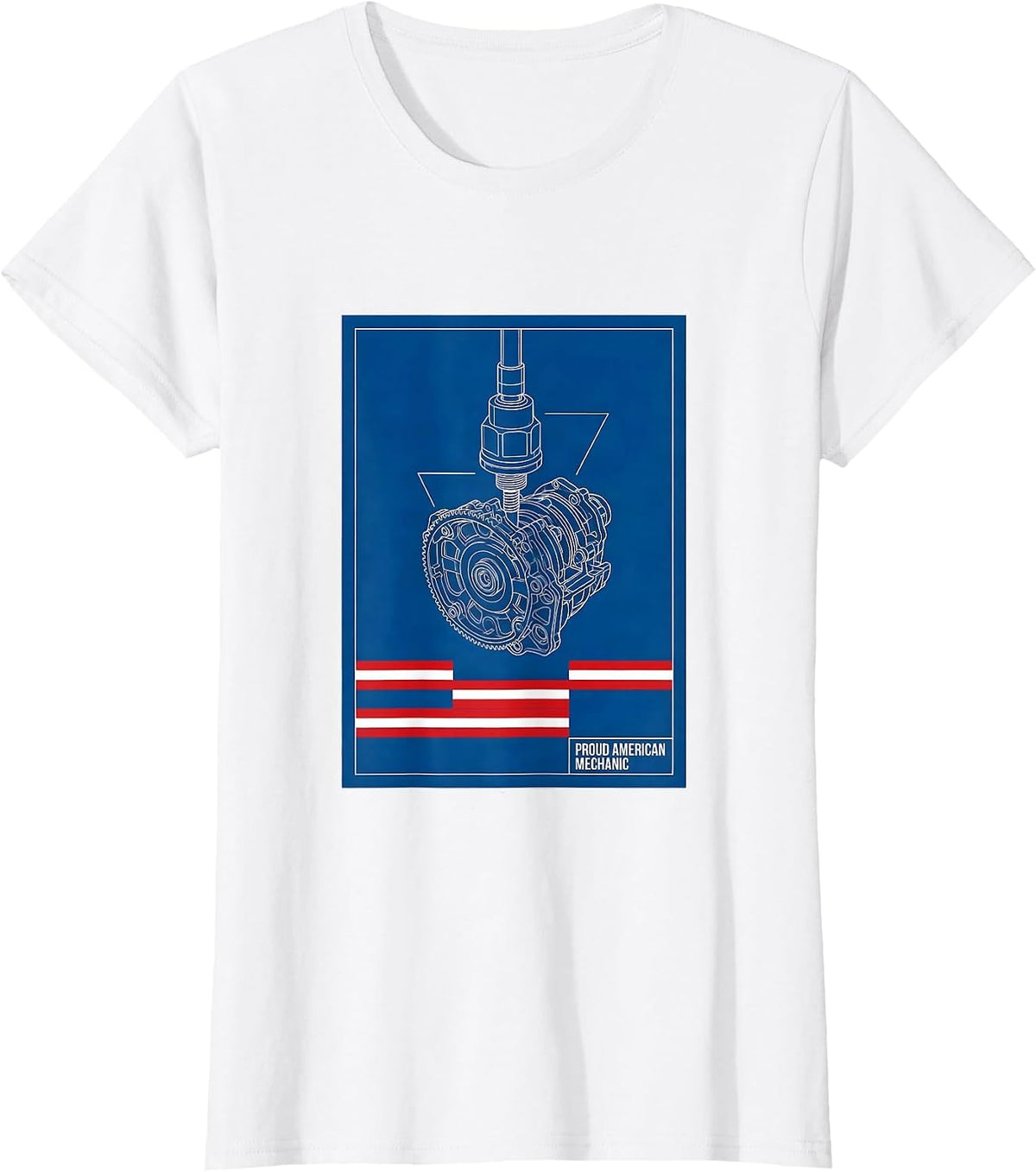 Proud American Mechanic Technical Blueprint USA Flag T-Shirt - White