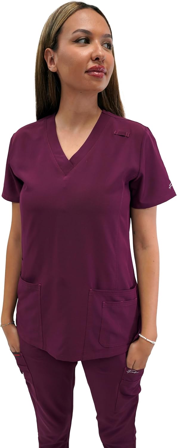 FUBU Women's 5 Pocket V-Neck Scrub Top Medical Nursing Uniform - Wine