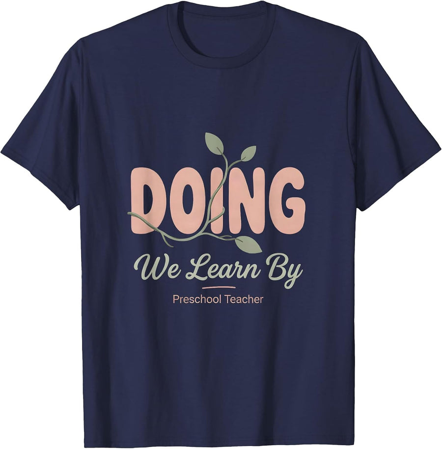 We Learn By Doing Preschool Teacher Boho Wildflower Back T-Shirt - Navy Blue