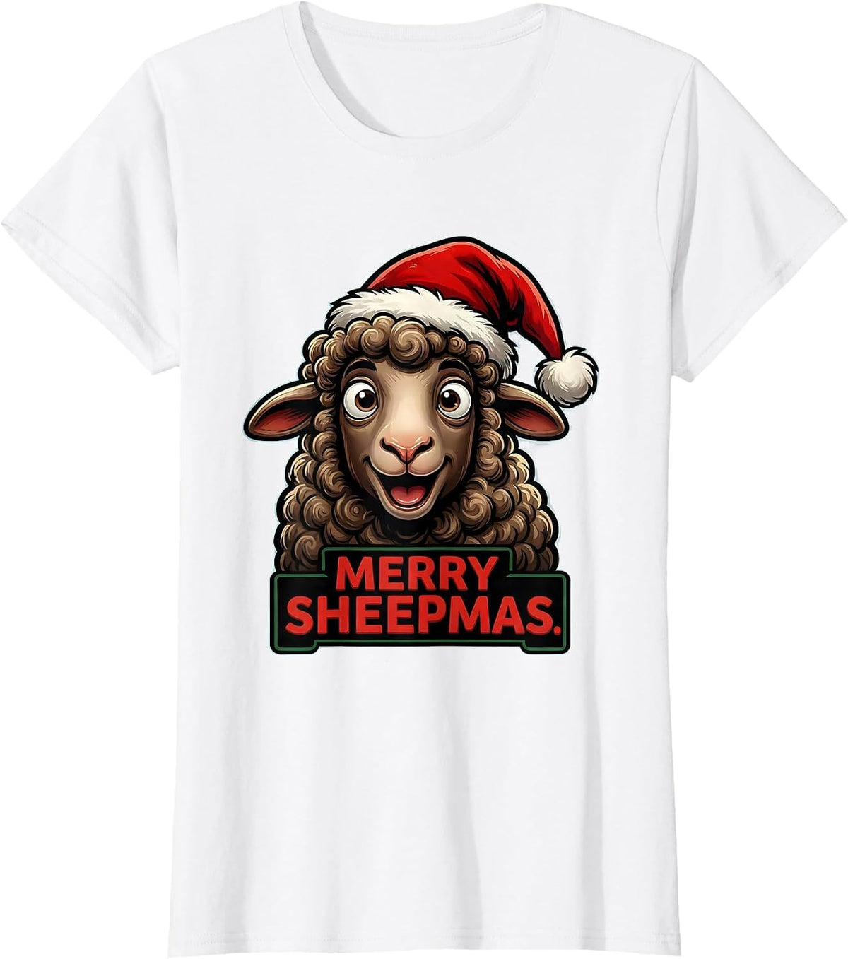 Merry Sheepmas Cartoon Sheep Santa Hat Christmas Animal T-Shirt - White