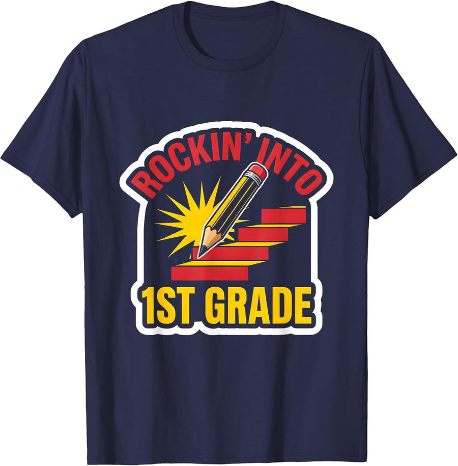Rockin Into 1st Grade Pencil Retro Teachers Kids First Day T-Shirt - Navy Blue
