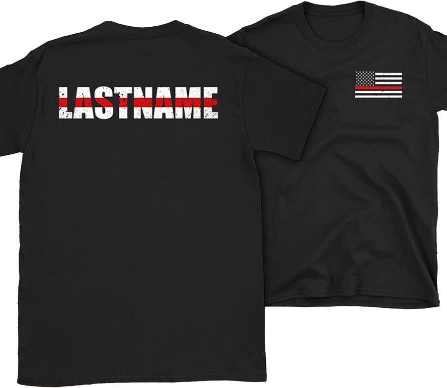 Personalized Last Name Firefighter T-Shirt Name Custom Thin Red Line USA Vertical Flag Fireman Tee Shirt Retirement