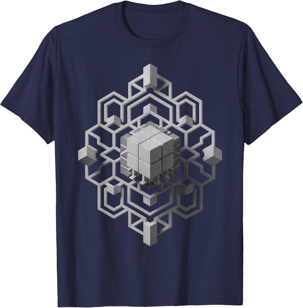 3D Geometric Pattern Cube Isometric Art Optical Illusion T-Shirt - Navy Blue