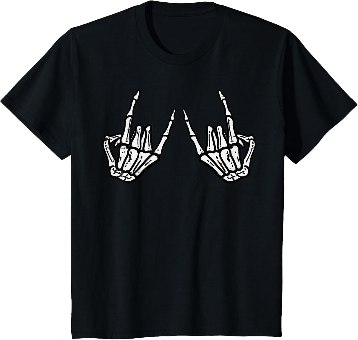 Rocker Hand Sign Rock Skeleton Retro Halloween Men Women T-Shirt - Black