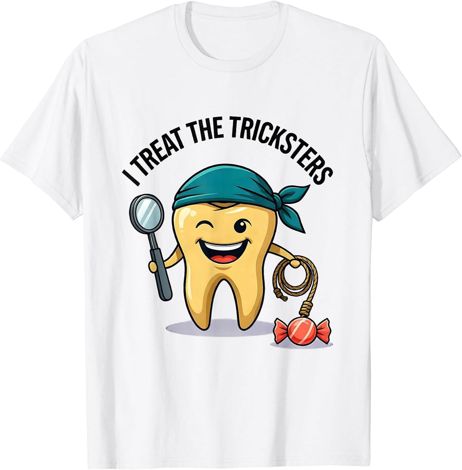 Men's I Treat The Tricksters Funny Dentist Halloween Dental Pun T-Shirt - White
