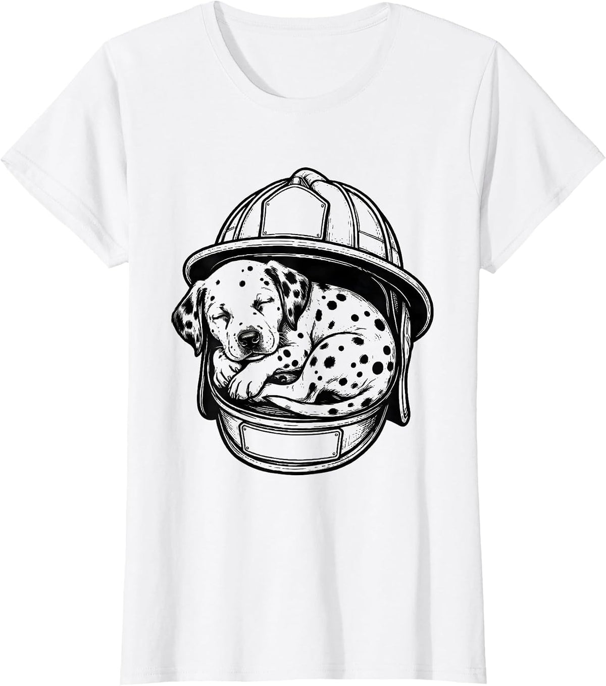 Sleeping Dalmatian Puppy in Firefighter Helmet T-Shirt - White