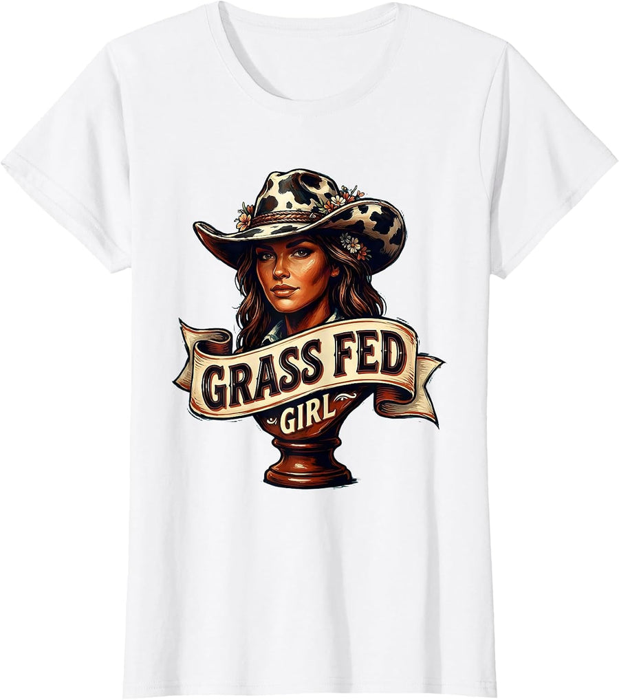 Women's Grass Fed Girl Funny Cow Lover Design T-Shirt - White