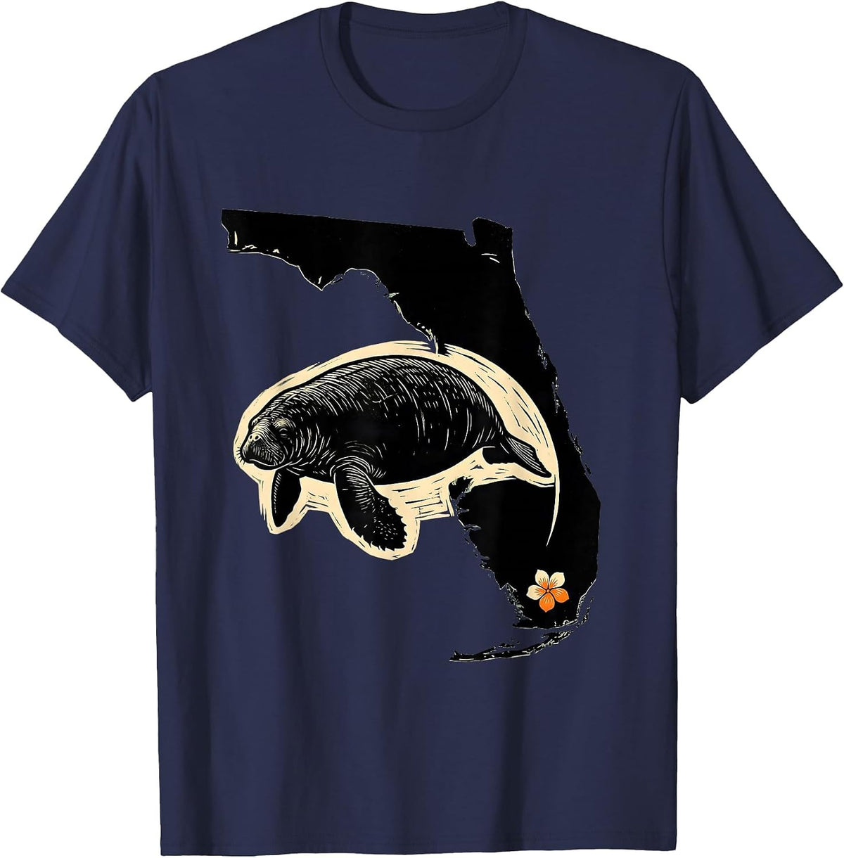 Florida Peninsula Manatee Linocut Retro State Pride T-Shirt - Navy Blue