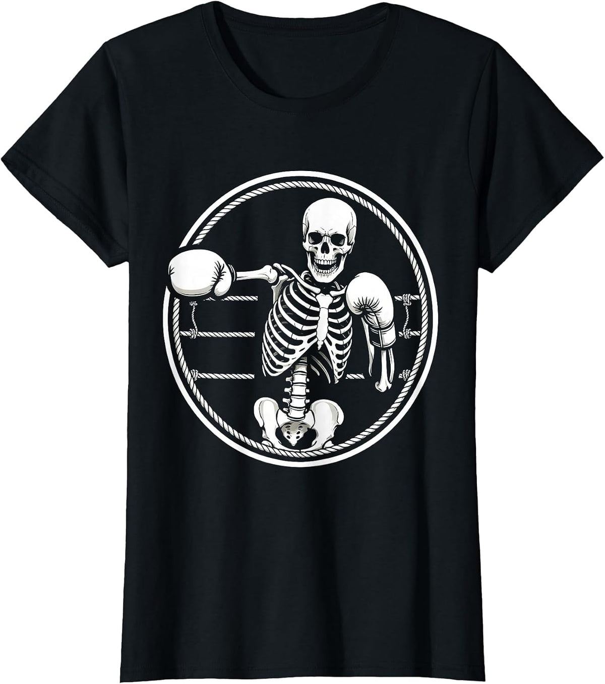 Skeleton Boxer Mid-Punch Boxing Ring Graphic T-Shirt - Black