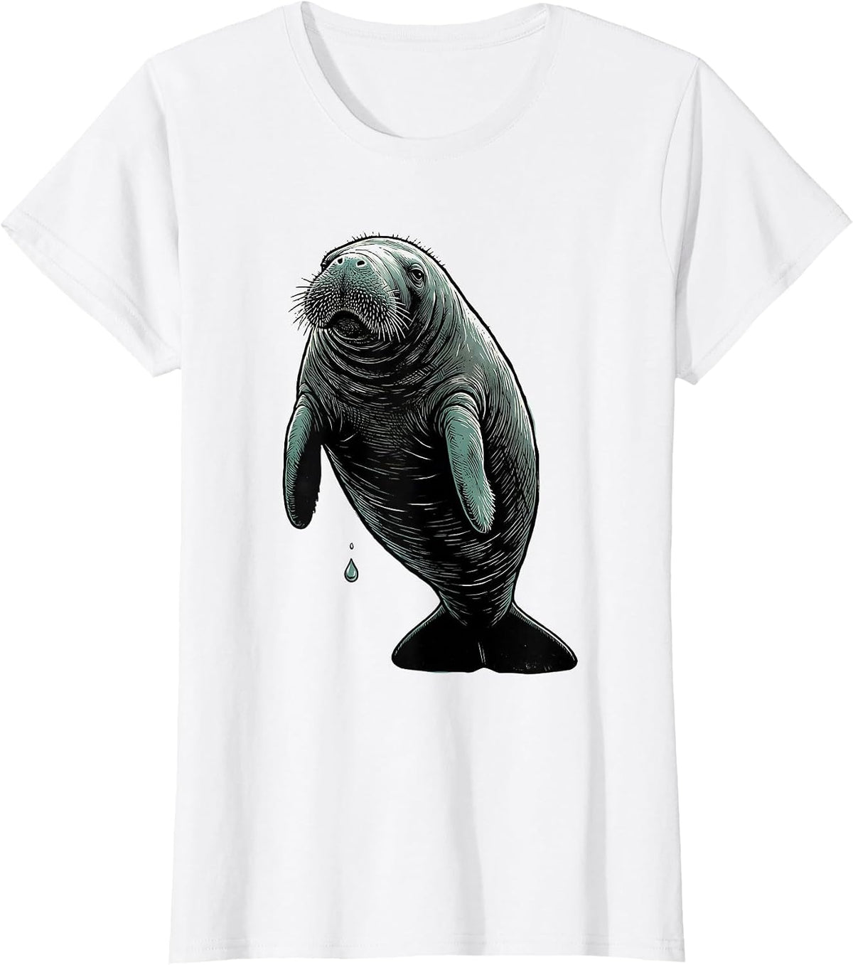 Manatee Linocut Novelty Sea Animal Lover Humor T-Shirt - White