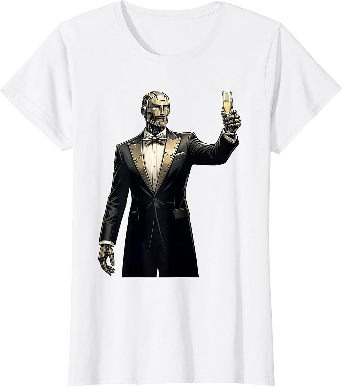 Robot in Tuxedo Champagne Toast Graphic T-Shirt - White