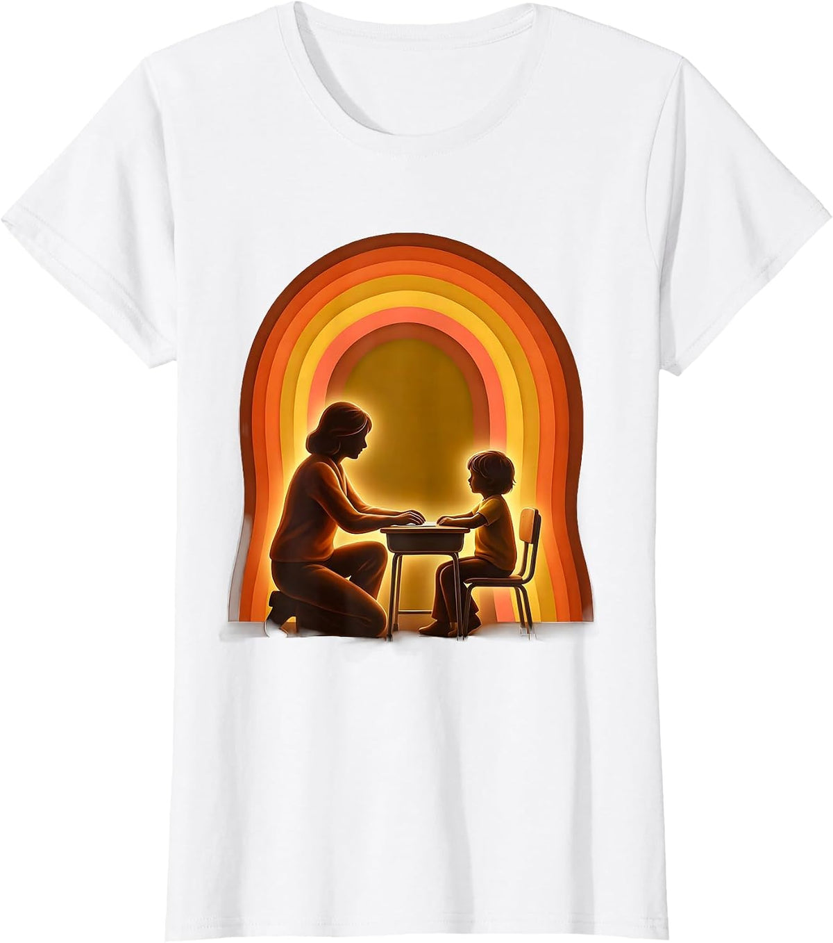 Women's Paraprofessional Aide Kneeling at Student Desk T-Shirt - White