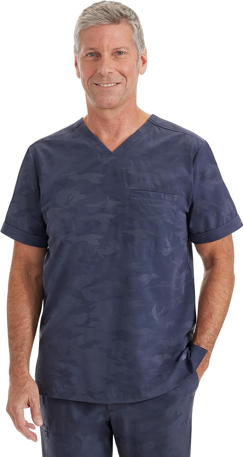 Healing Hands Jack Camo Scrubs for Men V-Neck Scrub Top with Chest Pocket - Pewter