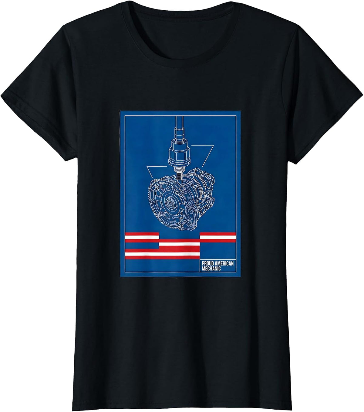 Proud American Mechanic Technical Blueprint USA Flag T-Shirt - Black