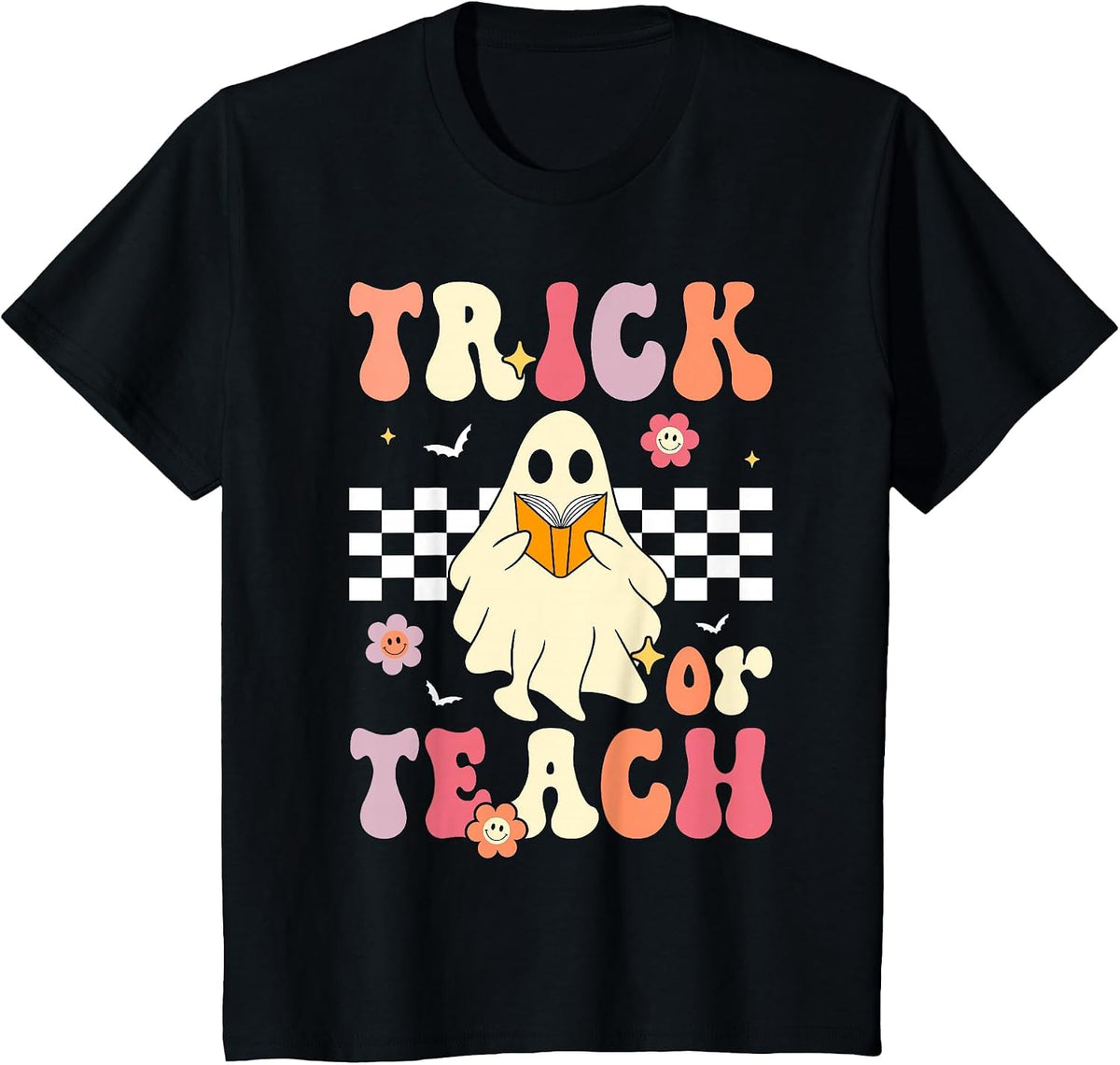 Groovy Teacher Halloween Retro Trick or Teach Floral Ghost T-Shirt - Black
