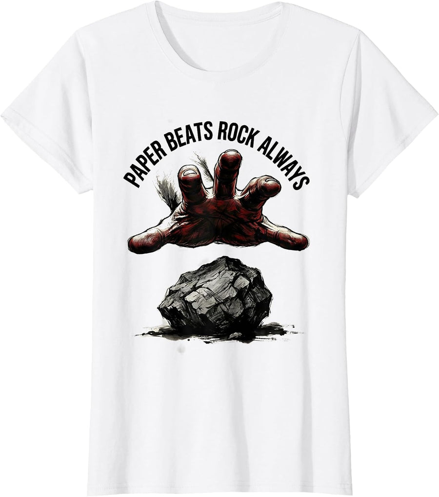 Women's Paper Beats Rock Always Funny Graphic Design T-Shirt - White