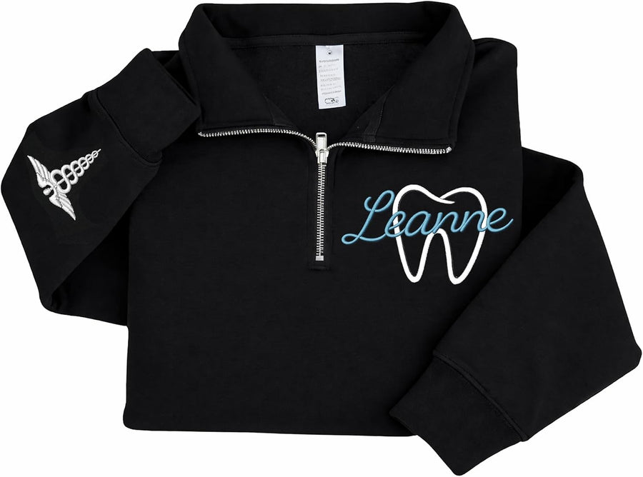 DILYPOD Personalized Embroidered Dental Hygienist Quarter-Zip Sweatshirt, Custom Dental Assistant Sweater with Teeth -