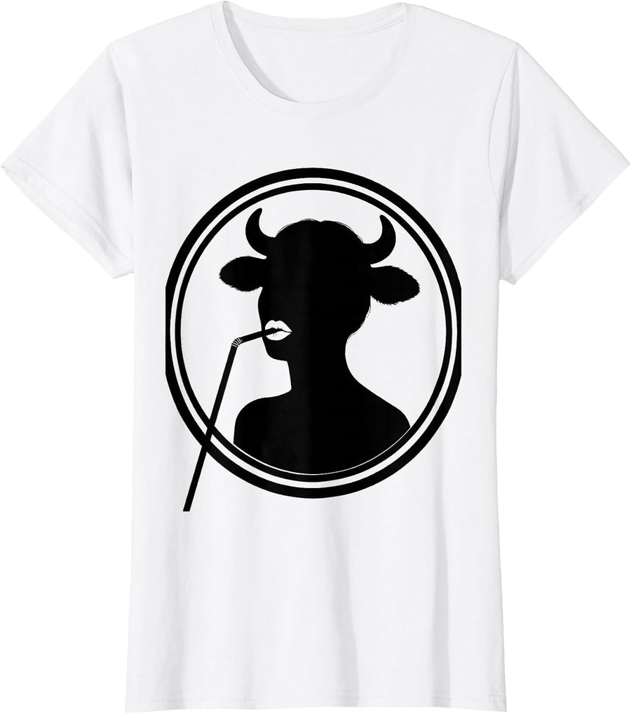 Women's Cow Girl Sipping Straw Cute Bovine Lover Graphic T-Shirt - White
