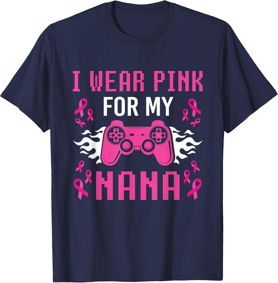 I Wear Pink for My Nana Breast Cancer Gaming Kids Boys Youth T-Shirt - Navy Blue