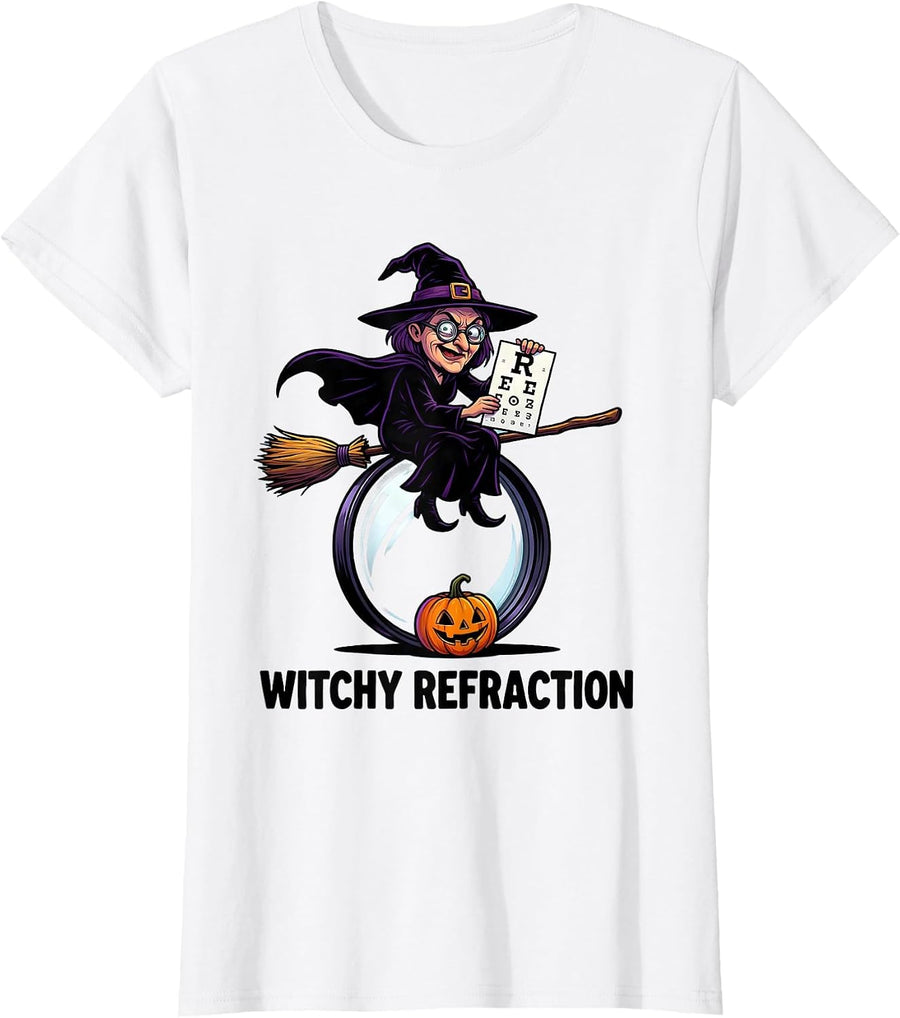 Women's Witchy Refraction Cartoon Optometrist Halloween Eye Doctor T-Shirt - White