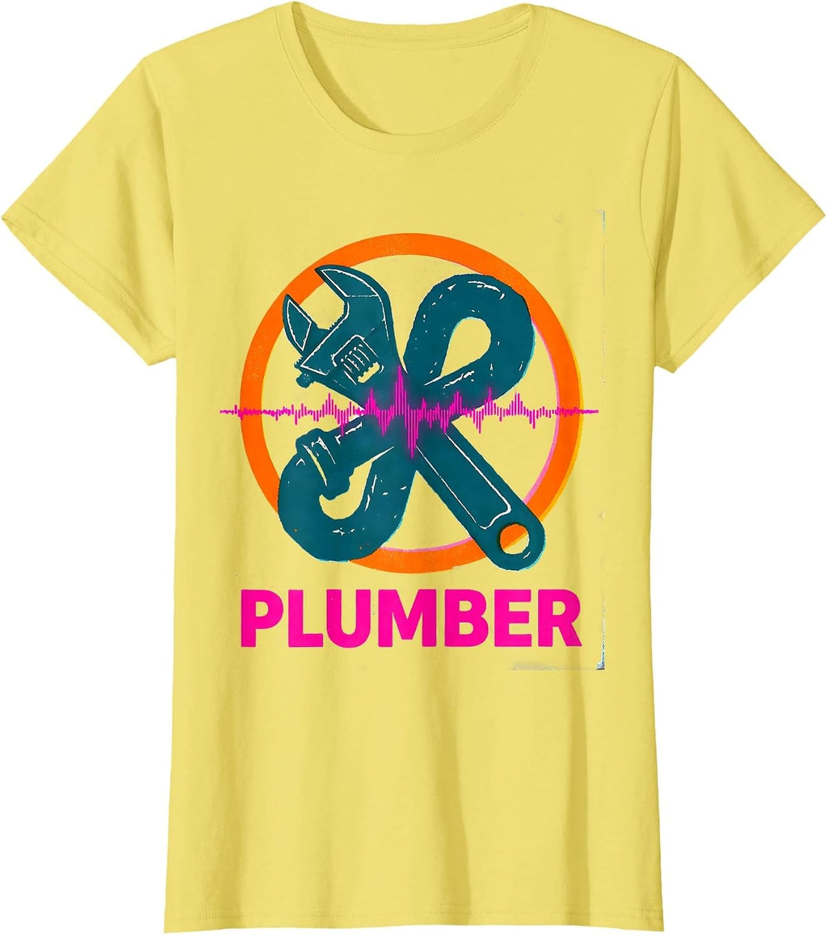 Women's Plumber Risograph Heartbeat Pulse Line Profession Identity T-Shirt - Lemon Yellow