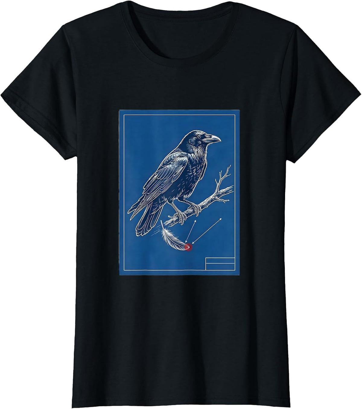 Women's Perched Crow Technical Blueprint Dark Humor Gothic T-Shirt - Black