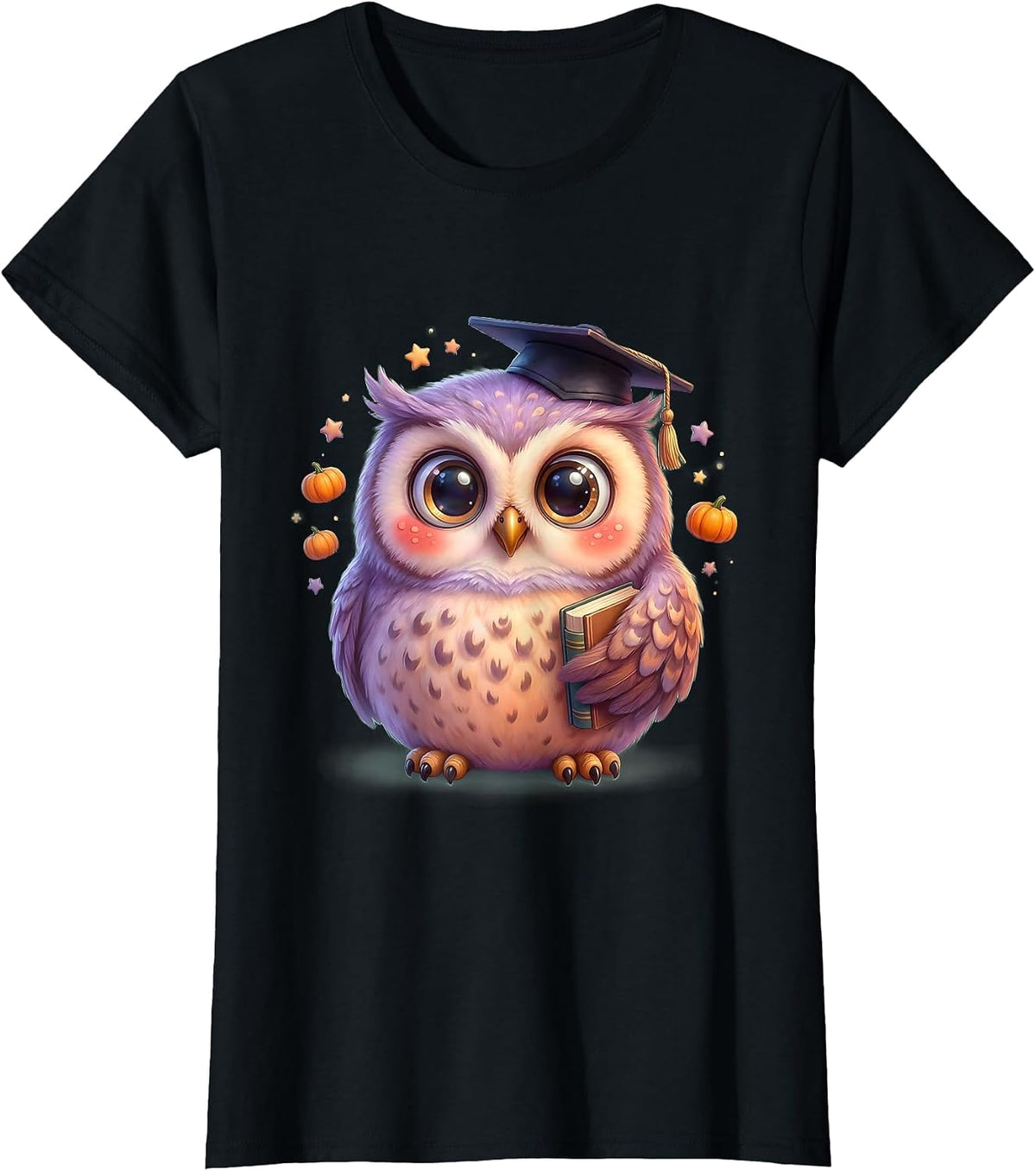 Women's Halloween Owl Professor Mortarboard Hat Design T-Shirt - Black