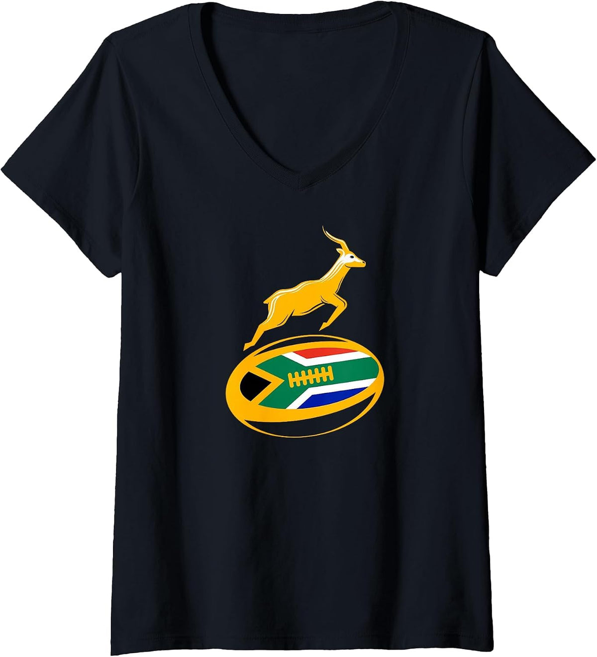 Women's Springbok Rugby Ball & South African Flag. Men, Women & Kids V-Neck T-Shirt - Black