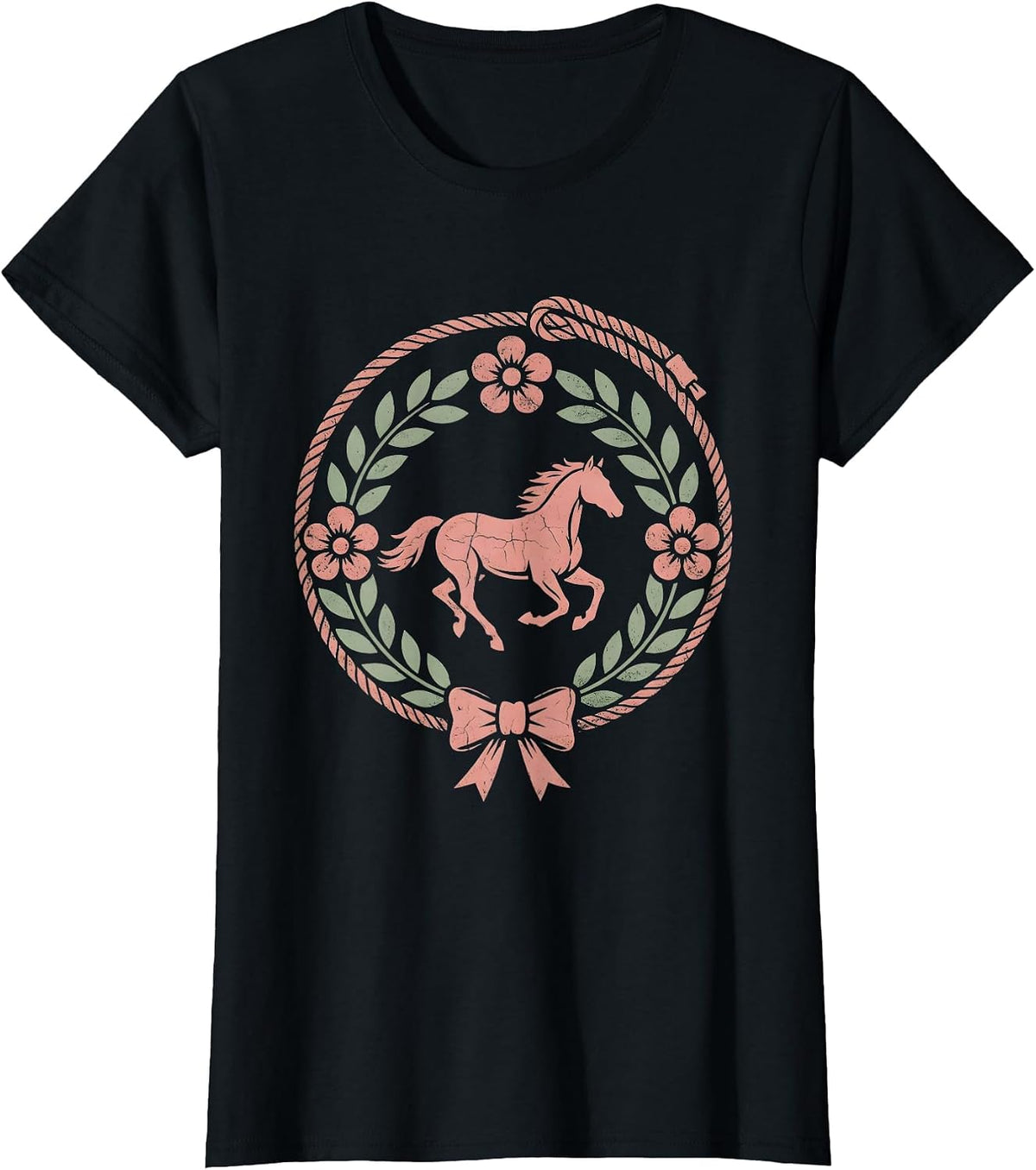 Western Cowgirl Lasso Galloping Horse Illustration T-Shirt - Black