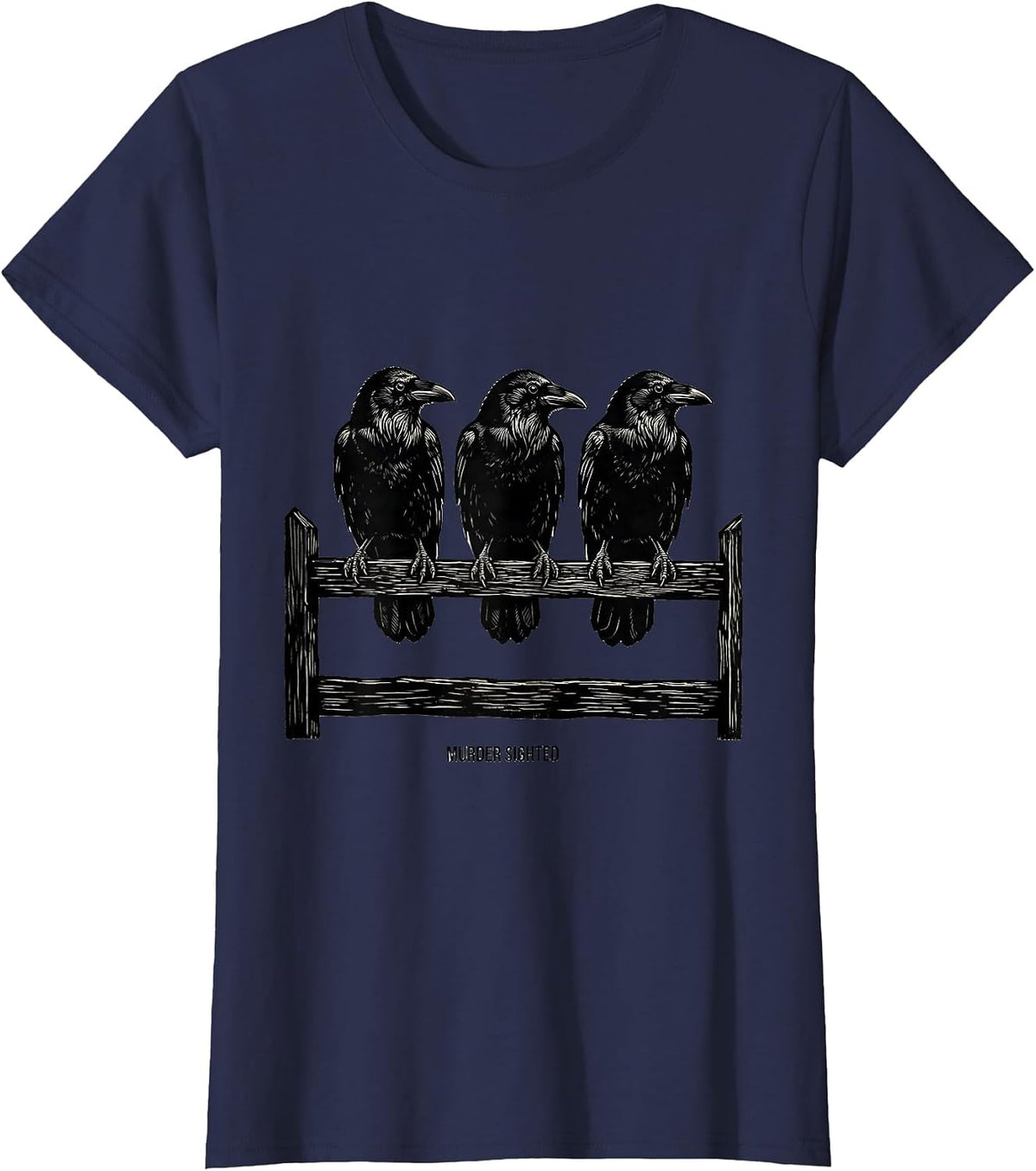 Women's MURDER SIGHTED Linocut Dark Humor Crow Lover Gothic T-Shirt - Navy Blue