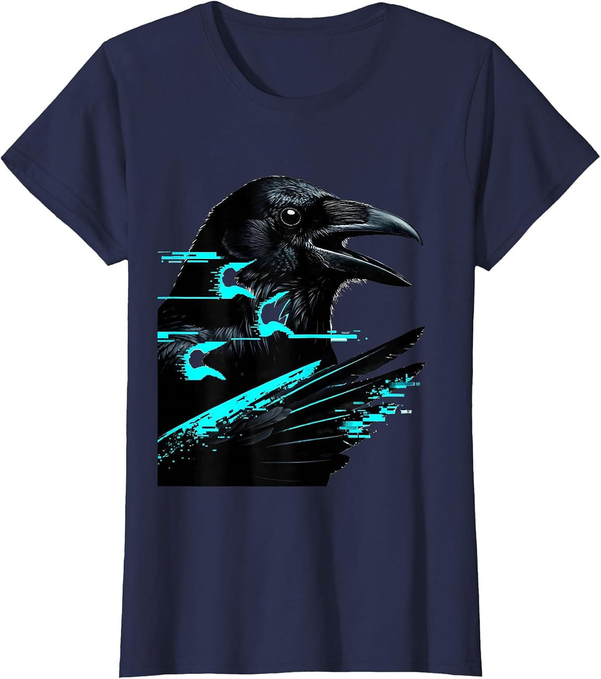 Women's Crow Glitch Datamosh Dark Humor Gothic T-Shirt - Navy Blue